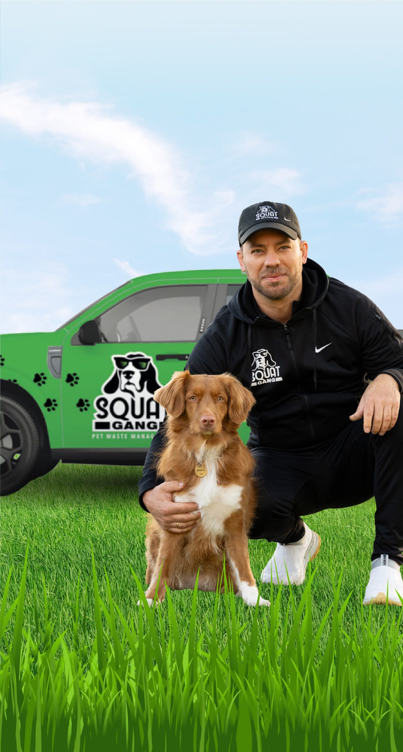Man crouches beside a brown dog in grass, with a green truck displaying a pet waste service logo.